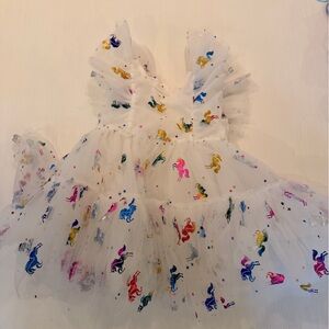 Lola + The Boys White Tulle Dress with Rainbow Unicorns